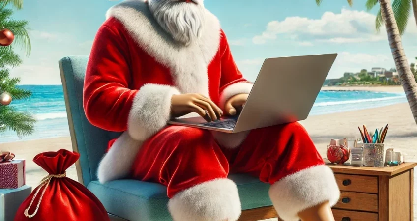 pere noel sur la plage avec un ordinateur - conseils webmarketing agence e-commerce soledis